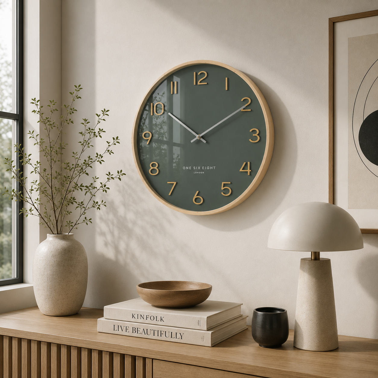 WALLACE Olive Green 41cm Silent Wall Clock | One Six Eight London