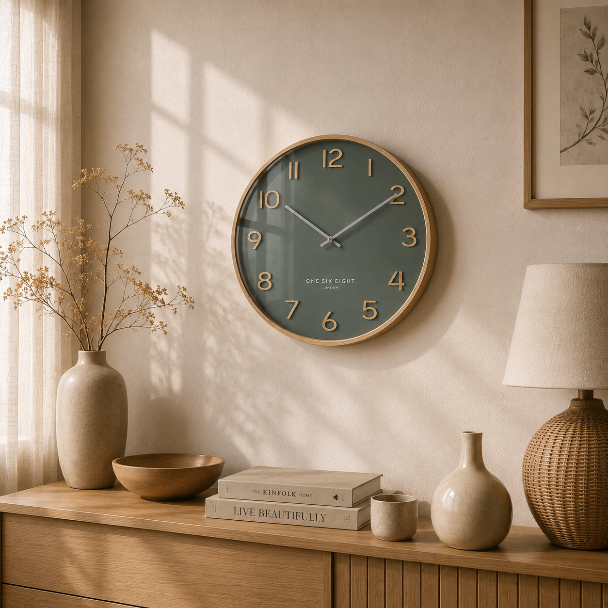 WALLACE Olive Green 30cm Silent Wall Clock | One Six Eight London