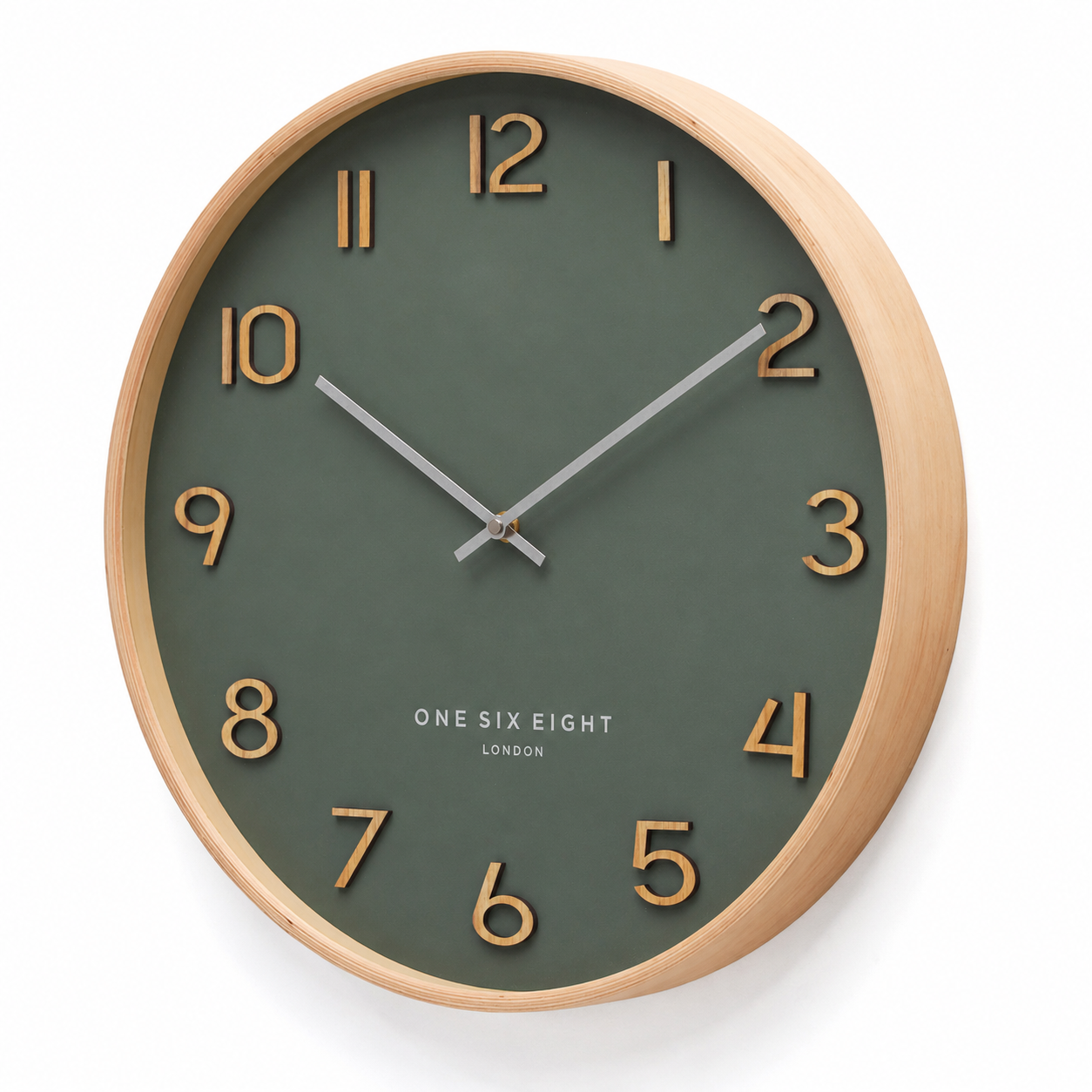 WALLACE Olive Green 53cm Silent Wall Clock – styled in a contemporary room setting | One Six Eight London