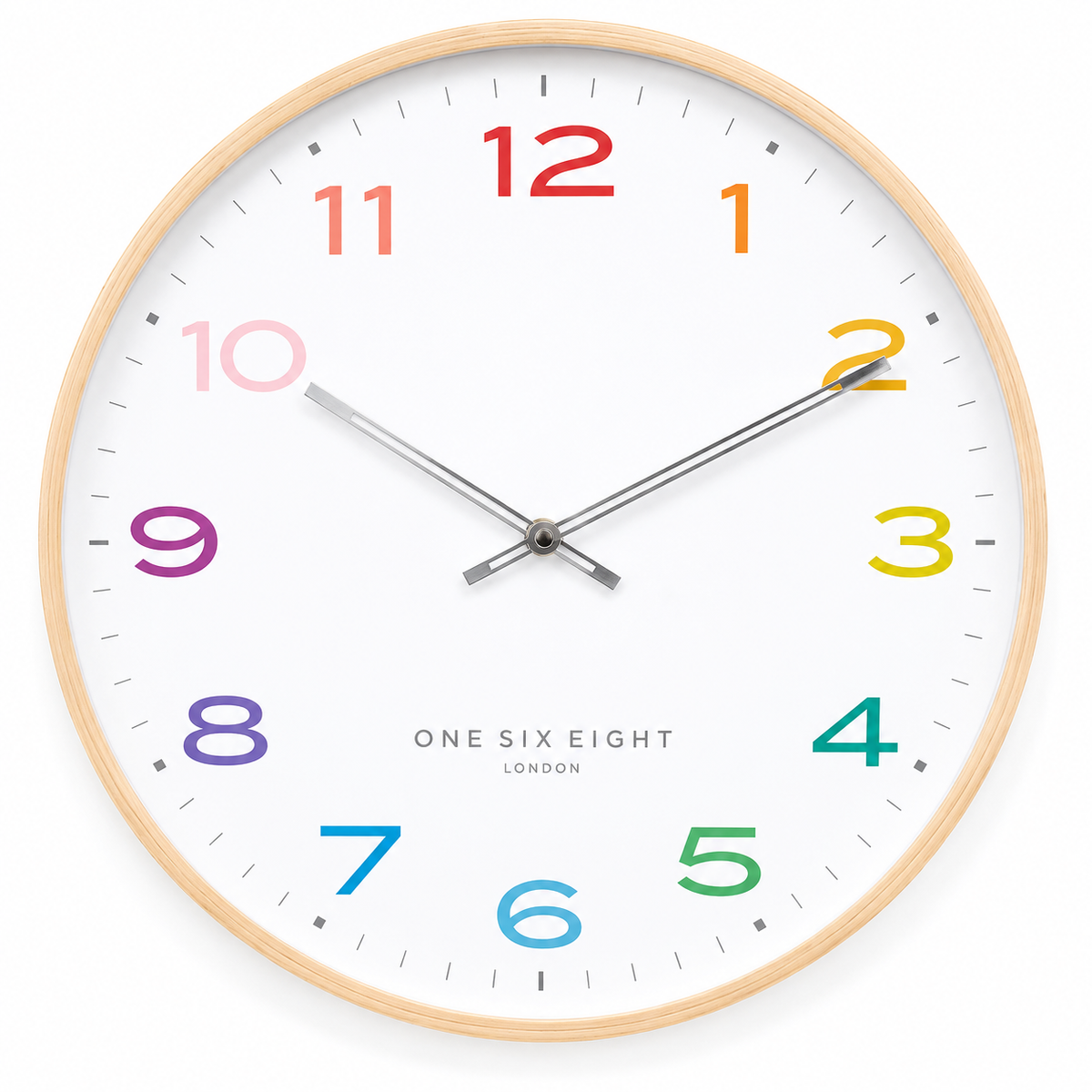 STARLIGHT White 41cm Silent Wall Clock – plywood silent wall clock with multicoloured numerals | One Six Eight London