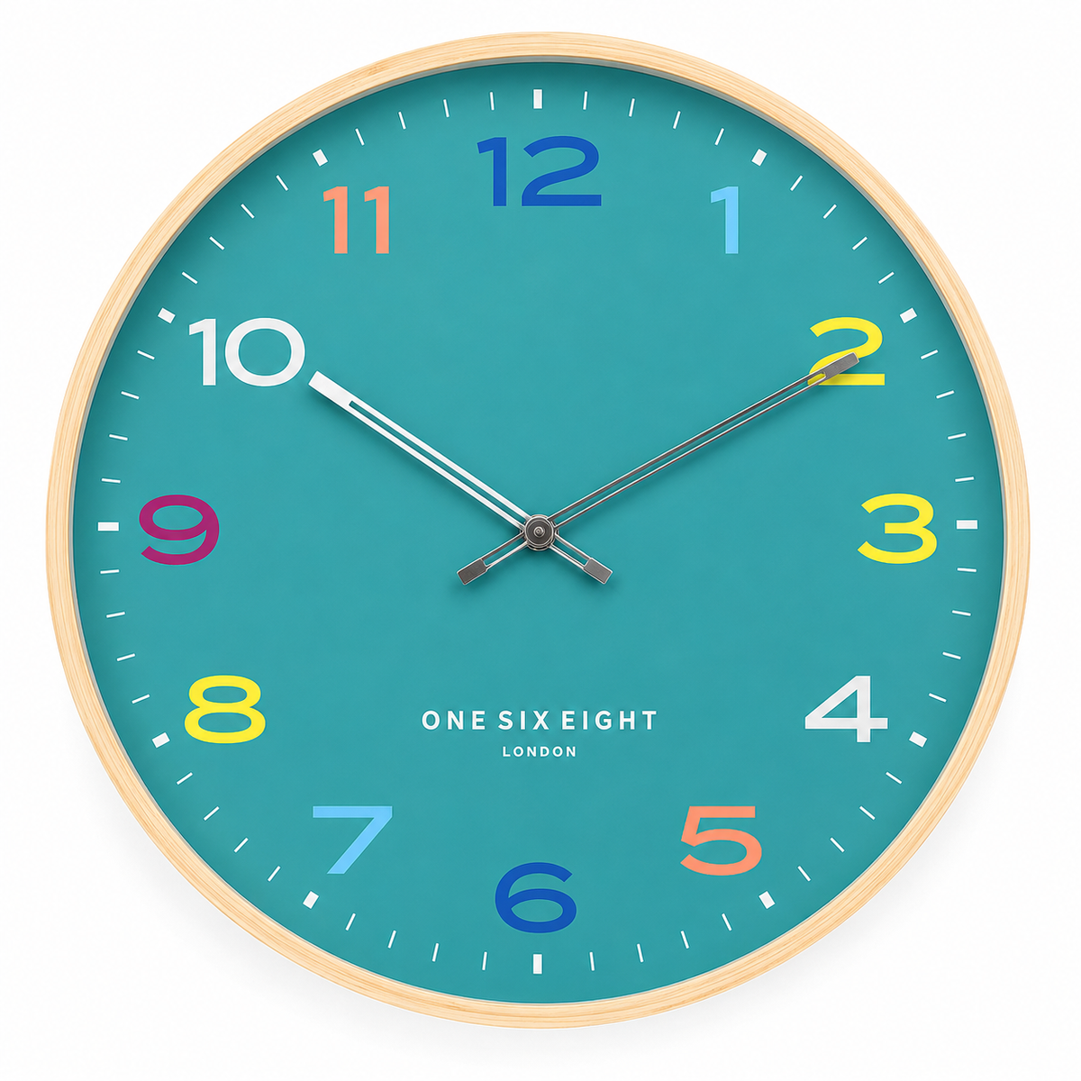 STARLIGHT Aqua 41cm Silent Wall Clock – plywood silent wall clock with multicoloured numerals | One Six Eight London