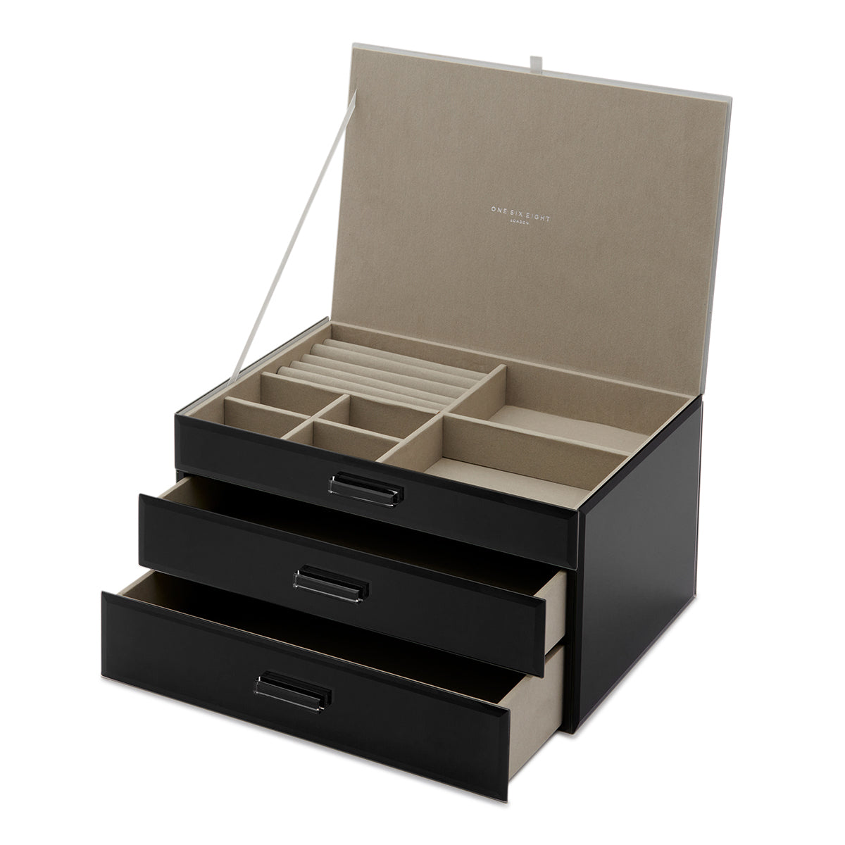 GABRIELLA Black XL Jewellery Box – velvet-lined glass jewellery box | One Six Eight London