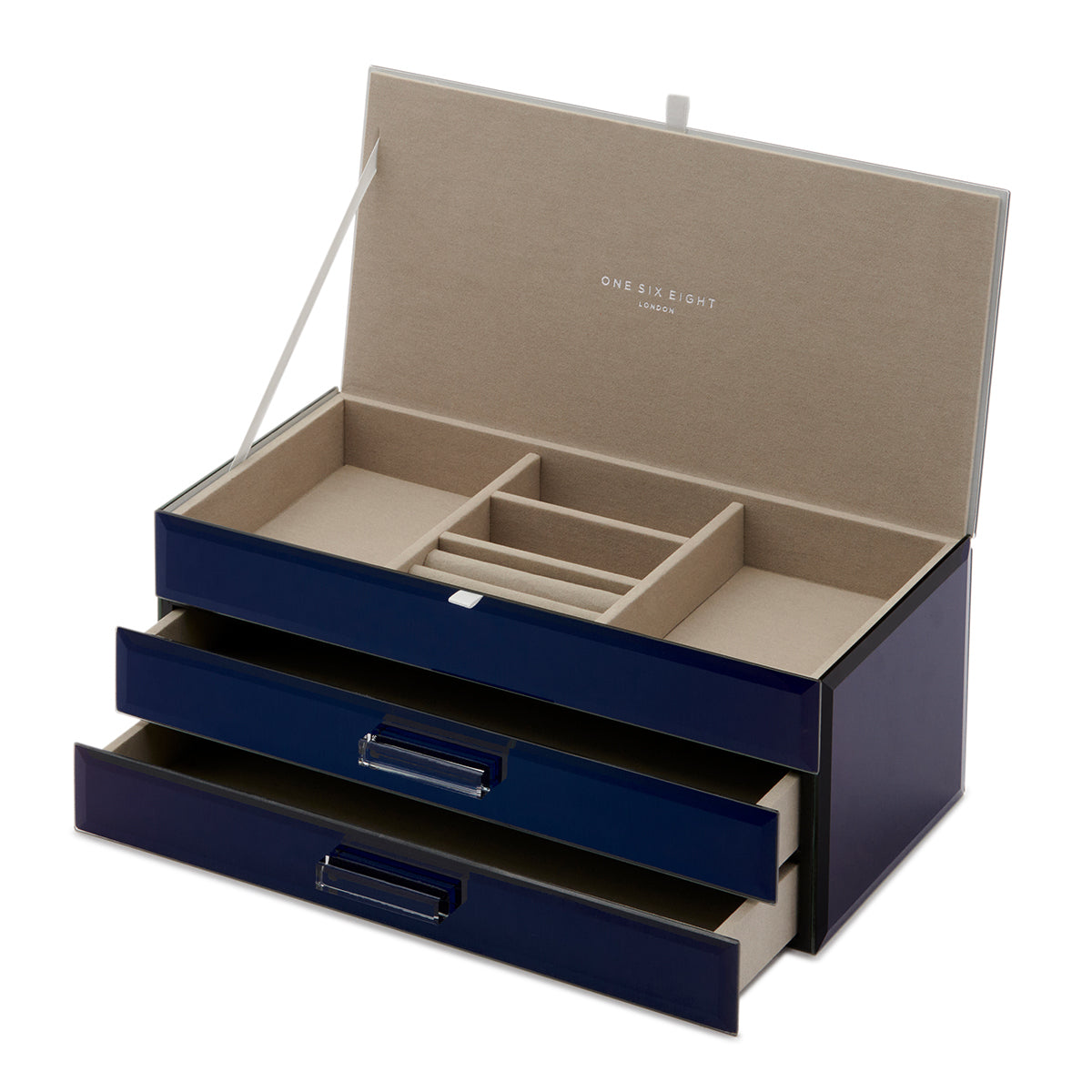 GABRIELLA Mirrored Navy Large Jewellery Box – designer jewellery box for stylish home decor | One Six Eight London