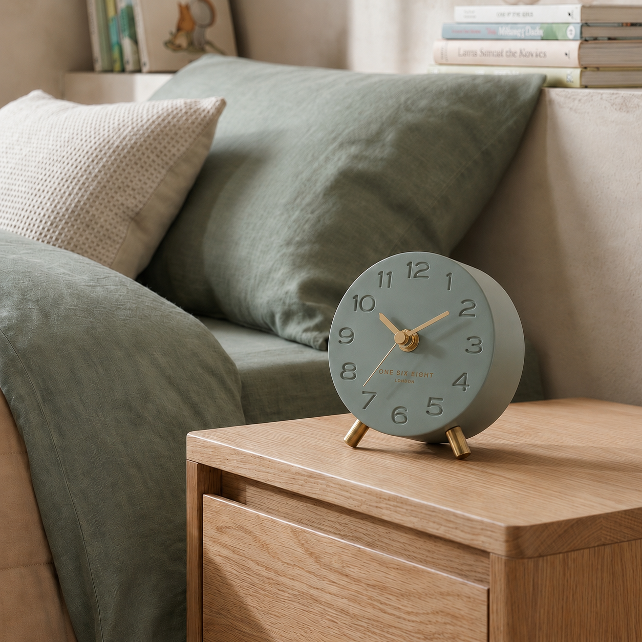 ARIEL Sage Green Silent Mantel Clock – modern silent alarm clock for bedroom bedside table | One Six Eight London
