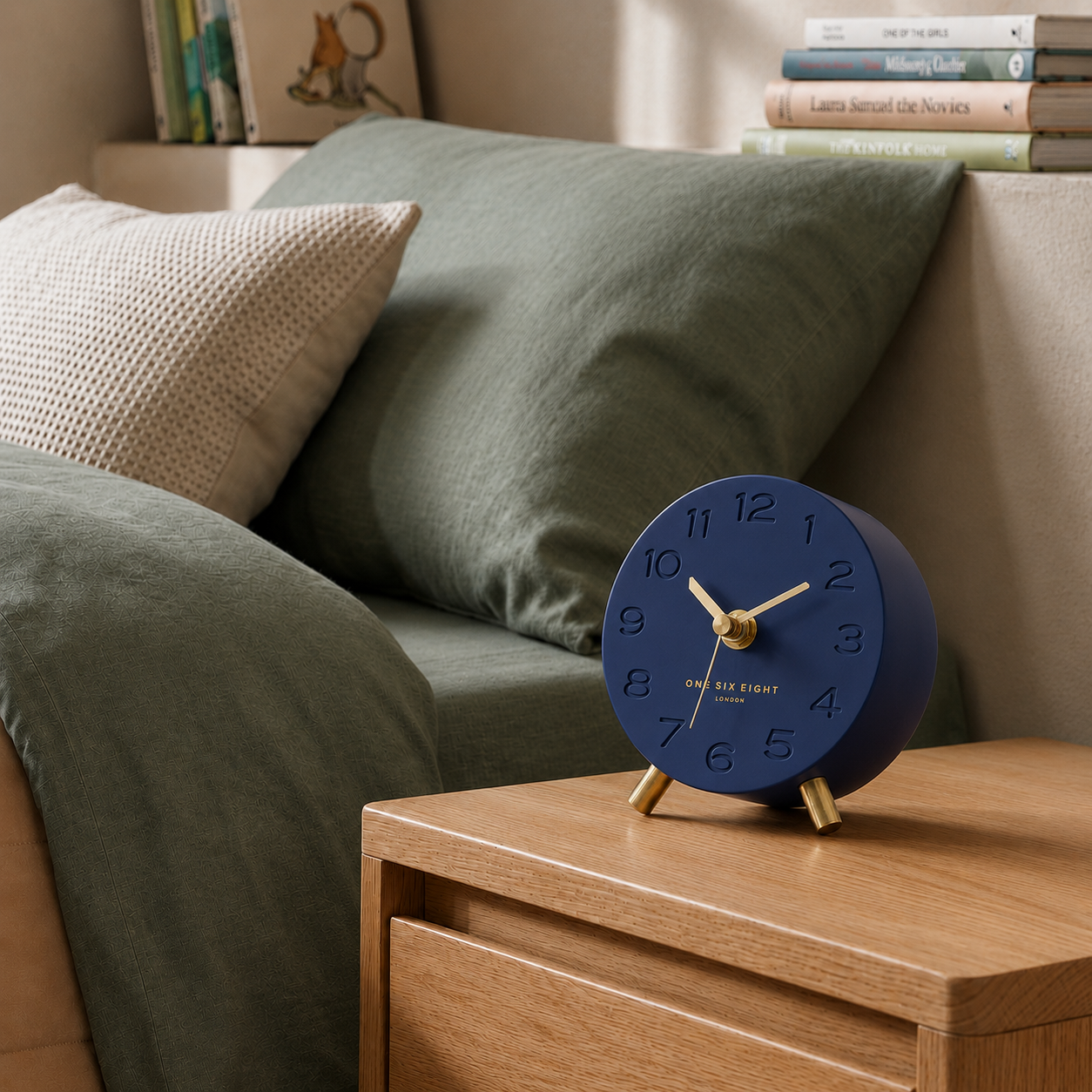 ARIEL Ocean Blue Silent Mantel Clock – modern silent alarm clock for bedroom bedside table | One Six Eight London