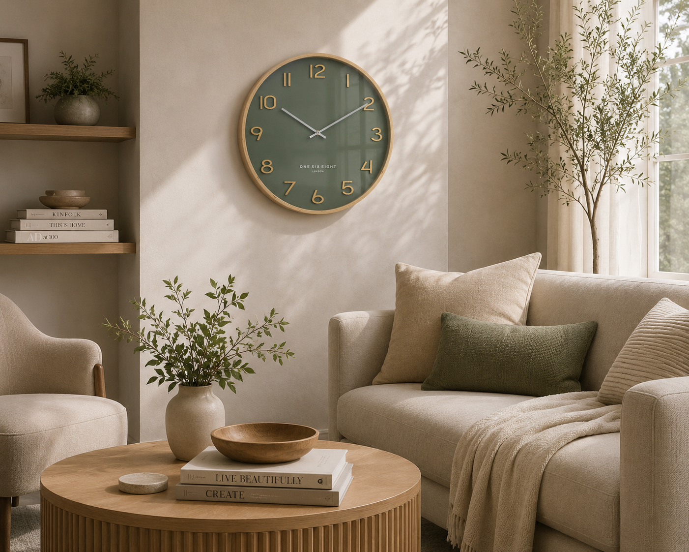 WALLACE Olive Green 30cm Silent Wall Clock | One Six Eight London