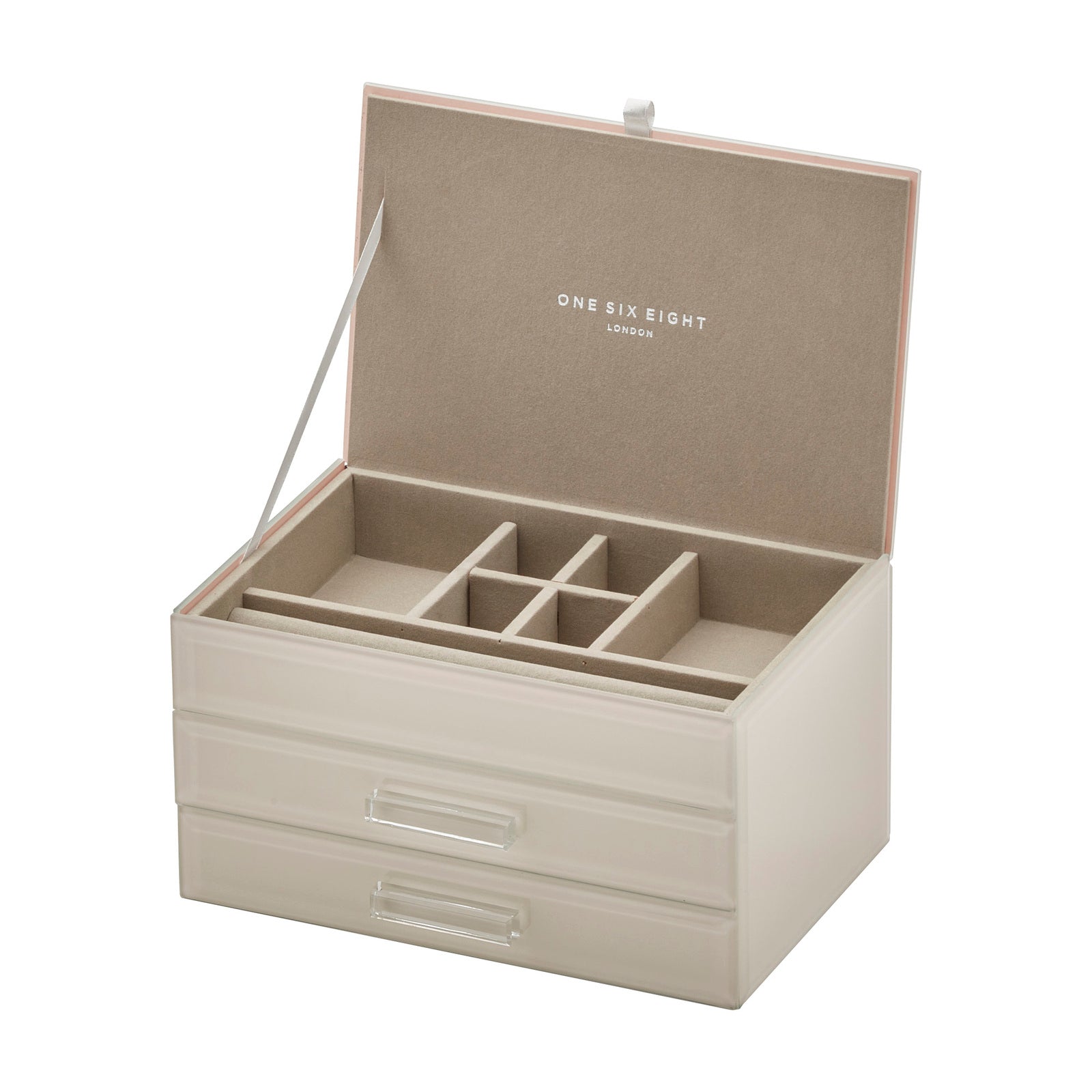 GABRIELLA Cloud Grey Medium Jewellery Box – close-up detail view | One Six Eight London