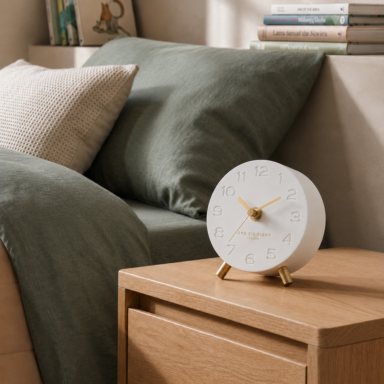 ARIEL White Silent Mantel Clock – contemporary mantel clock for living room decor | One Six Eight London